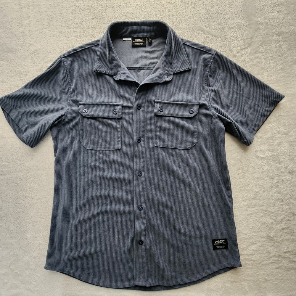 WeSC Oden Corduroy Shirt Mens Large Blue Pocket Streetwear Fall Office Hipster